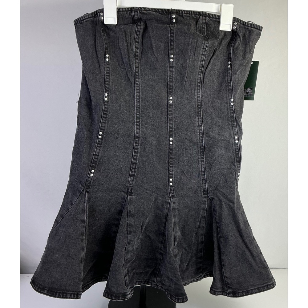 Wild Fable Black Denim Corset Mini Skirt Studded Detail Flared Hem Pleated XL